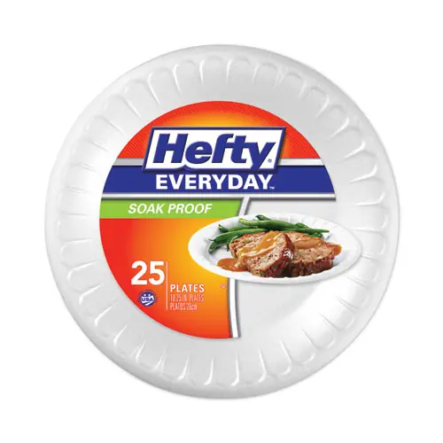 Hefty® Soak Proof Tableware, Foam Plates, 10.25" Diameter, White, 25/Pack, 10 Packs/Carton