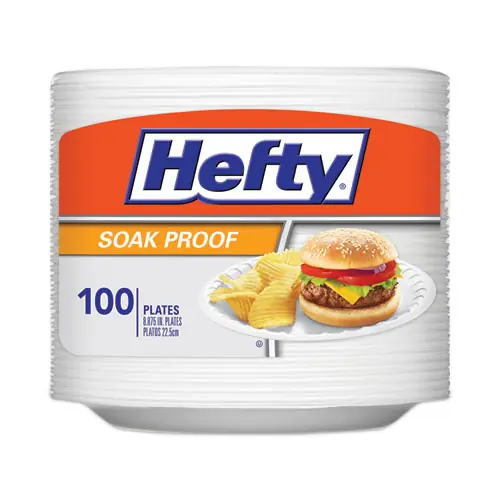 Hefty® Soak Proof Tableware, Foam Plates, 8.88" Diameter, White, 100/Pack, 6 Packs/Carton
