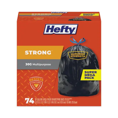 Hefty® Strong Multipurpose Drawstring Trash Bags, 30 gal, Black, 74/Box