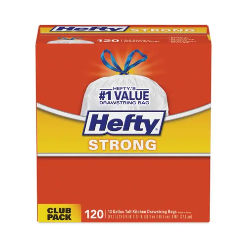 Hefty® Strong Tall Kitchen Drawstring Bags, 13 gal, White, 120 Bags/Box, 3 Boxes/Carton