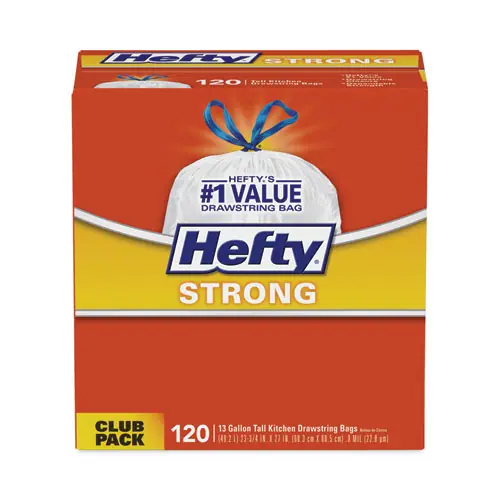 Hefty® Strong Tall Kitchen Drawstring Bags, 13 gal, White, 90 Bags/Box, 3 Boxes/Carton