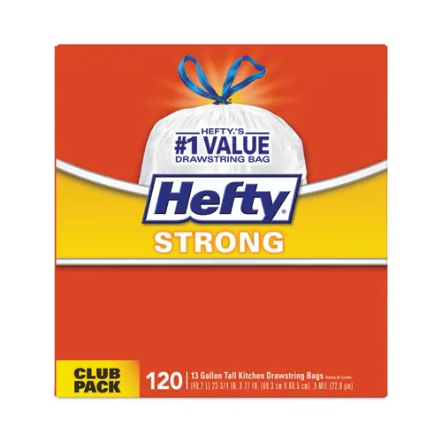Hefty® Strong Tall Kitchen Drawstring Bags, 13 gal, 90/Box, White