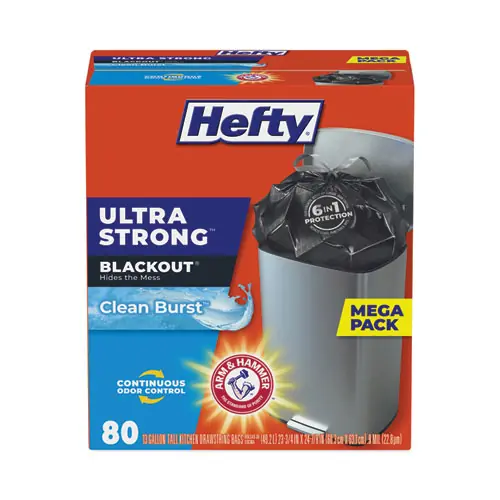 Hefty® Ultra Strong BlackOut Tall-Kitchen Drawstring Bags, 13 gal, 23.75" x 24.88", Black, 80 Bags/Box, 3 Boxes/Carton