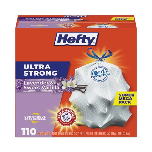 Hefty® Ultra Strong Scented Tall Kitchen Bags, Drawstring, 13 gal, Lavender/Vanilla, White, 110 Bags/Box, 3 Boxes/Carton