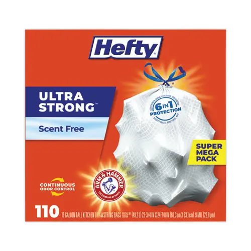 Hefty® Ultra Strong Tall Kitchen Trash Bags, Drawstring, 13 gal, White, 110 Bags/Box, 3 Boxes/Carton
