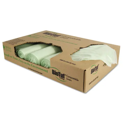 Heritage Biotuf Compostable Can Liners, 32 gal, Green, 20 Bags/Roll, 5 Rolls/Carton