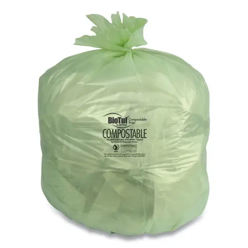 Heritage Biotuf Compostable Can Liners, 48 gal, Green, 25 Bags per Roll, 5 Rolls per Carton