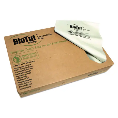 Heritage Biotuf Compostable Can Liners, 60 gal, Green, 20 Bags/Roll, 5 Rolls/Carton