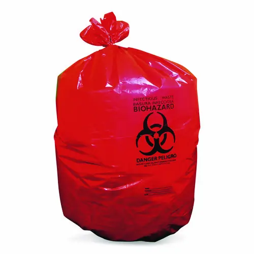 Heritage Healthcare Biohazard Printed Low-Density Can Liners, 45 gal, 1.3 mil, 40 x 46, Red, Flat Pack, 200/Carton