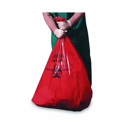Heritage Healthcare Pre-Printed High-Density Can Liners, Infectious Waste Biohazard, 33 gal, 33 x 40, Red, Flat Pack, 250/CT