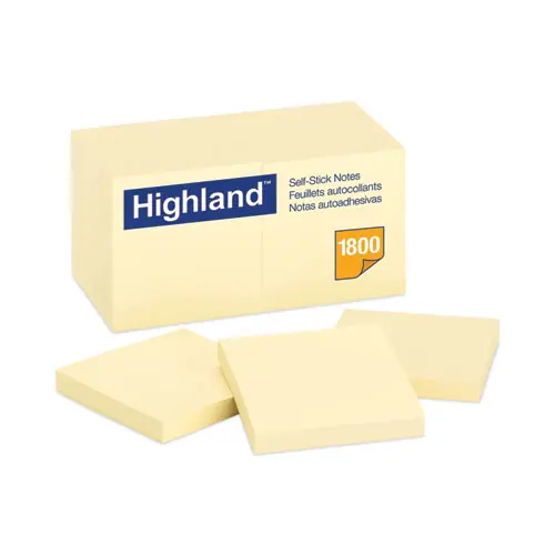 Highland™ Self-Stick Notes, Yellow, 3" x 3", 100 Sheets per Pad, 18 Pads per Pack