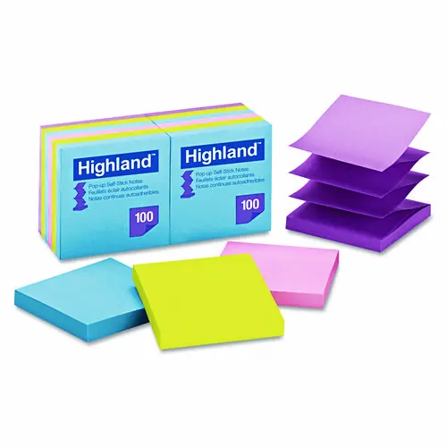Highland™ Self-Stick Pop-up Notes, 3" x 3", Assorted Bright Colors, 100 Sheets/Pad, 12 Pads/Pack