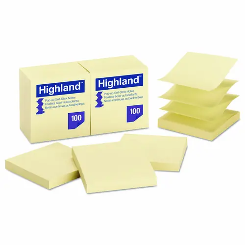 Highland™ Self-Stick Pop-up Notes, 3" x 3", Yellow, 100 Sheets/Pad, 12 Pads/Pack
