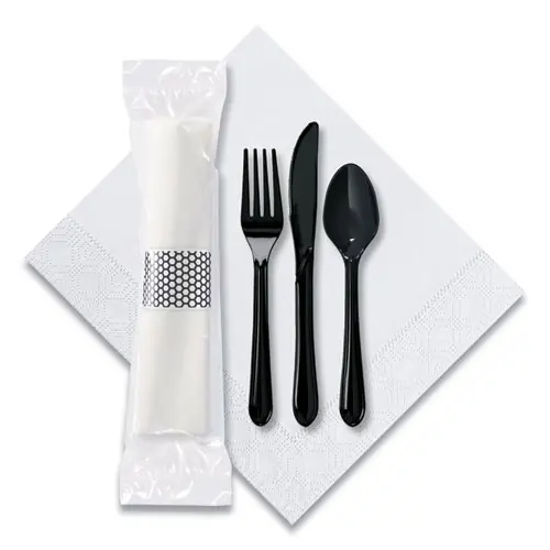 Hoffmaster® CaterWrap Cater to Go Express Cutlery Kit, Heavyweight, Fork/Knife/Napkin/Spoon, Plastic, Black, 100/Carton