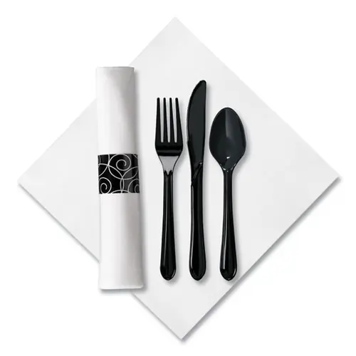 Hoffmaster® CaterWrap Heavyweight Cutlery Combo Kit, Fork/Knife/Napkin/Spoon, Plastic, Black, 100/Carton