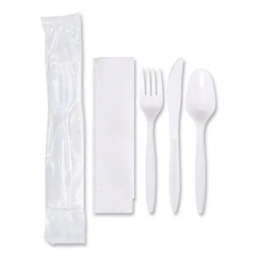 Hoffmaster® Economy Cutlery Kit, Fork/Knife/Napkin/Spoon, Plastic, White, 250/Carton