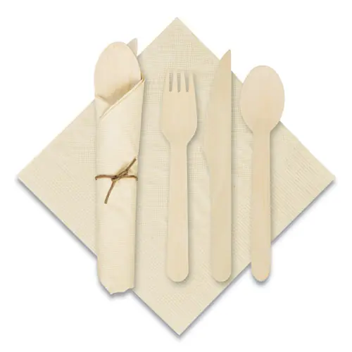 Hoffmaster® Pre-Rolled Caterwrap Kraft Napkins with Wood Cutlery, Fork/Knife/Napkin/Spoon, Brown, 100/Carton