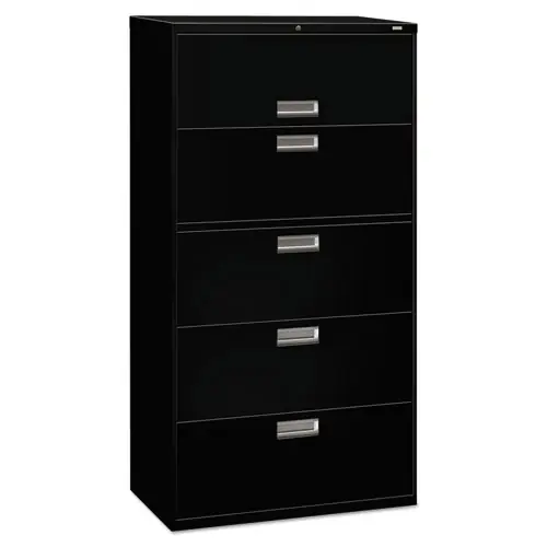HON® Brigade 600 Series Lateral File, 4 Legal/Letter-Size File Drawers, 1 Roll-Out File Shelf, Black, 36" x 18" x 64.25"