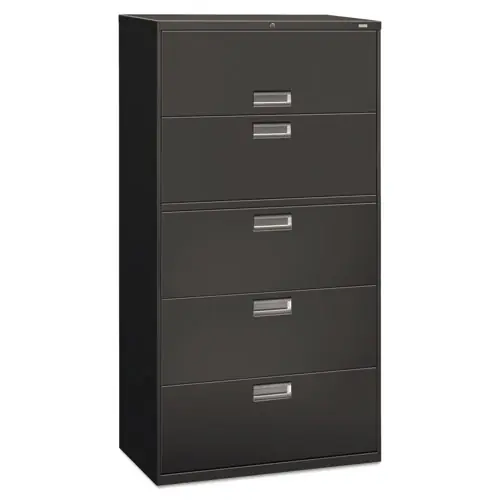 HON® Brigade 600 Series Lateral File with 4 Legal/Letter-Size Drawers and 1 Roll-Out Shelf, Charcoal, 36" x 18" x 64.25"