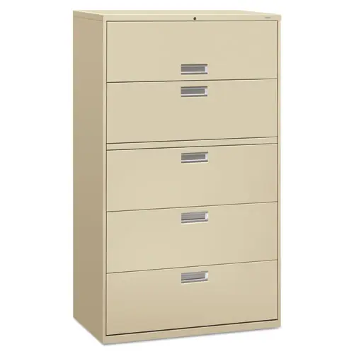HON® Brigade 600 Series Lateral File with 4 Drawers and 1 Roll-Out Shelf, Putty, 42"W x 18"D x 64.25"H