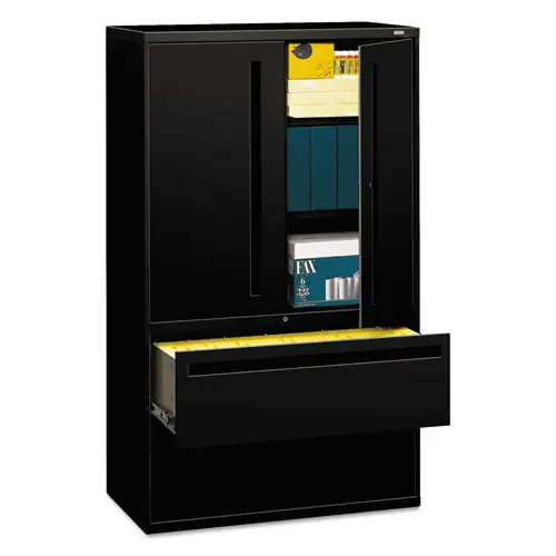 HON® Brigade 700 Series Lateral File with Three-Shelf Enclosed Storage, 2 Legal/Letter-Size Drawers, Black