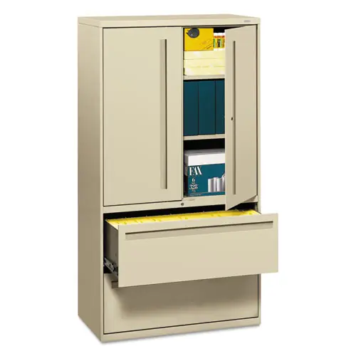 HON® Brigade 700 Series Lateral File with Enclosed Storage, 2 Legal/Letter-Size Drawers, Putty, 36"W x 18"D x 64.25"H