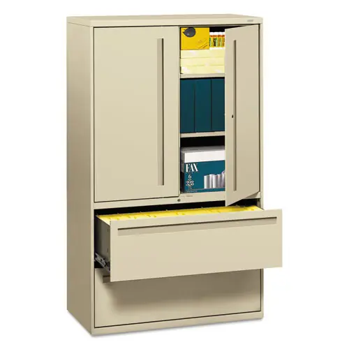 HON® Brigade 700 Series Lateral File with Three-Shelf Enclosed Storage, 2 Legal/Letter-Size File Drawers, Putty