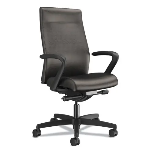 HON® Ignition 2.0 Vinyl Upholstered Mid-Back Task Chair with Fixed Arms, Black Seat/Back, Black Base