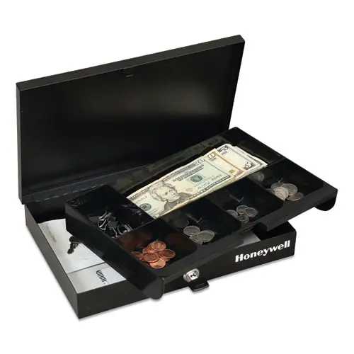 Honeywell Low Profile Cash Box, Key Lock, Black, Steel, 11.6" x 8" x 1.9"