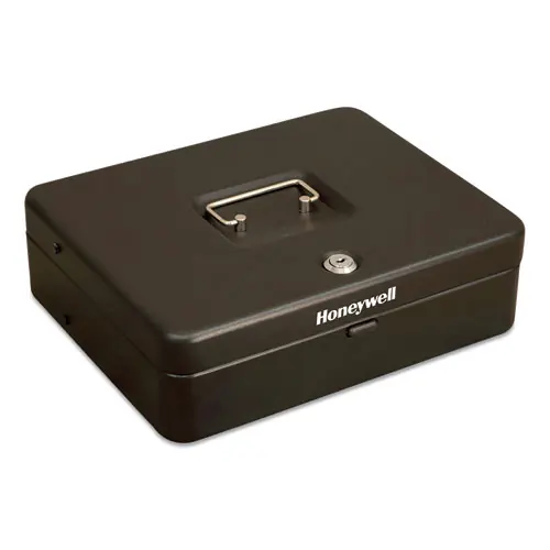 Honeywell Tiered Cantilever Cash Box with Key Lock, 4 Bill and 5 Coin Slots, Steel, Black, 11.9" x 9.7" x 3.5"