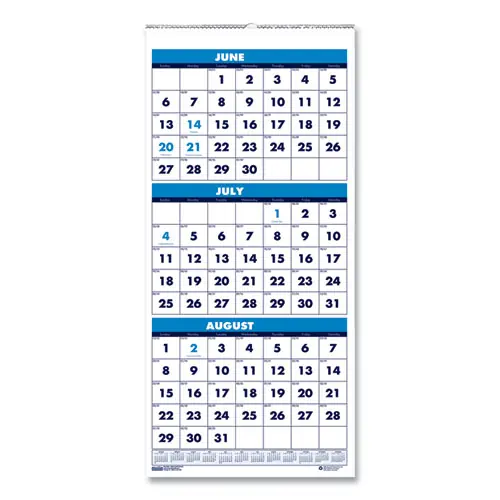 House of Doolittle™ Academic Year Recycled Three-Month Format Wall Calendar, Vertical, 14-Month (June to July) 2024-2025, 8 x 17, White Sheets