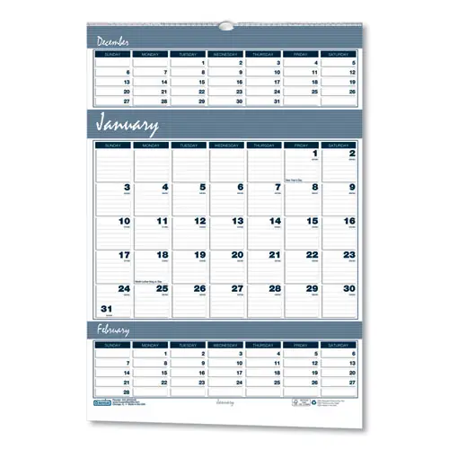 House of Doolittle™ Bar Harbor Recycled Wirebound 3-Months-per-Page Wall Calendar, 15.5 x 22, White/Blue/Gray, 14-Month: Dec 2024 to Jan 2026