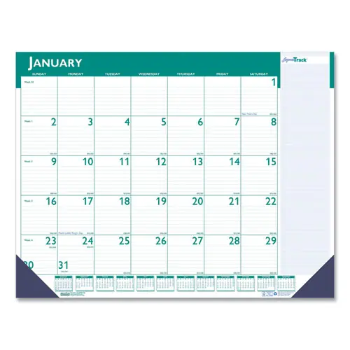 House of Doolittle™ Express Track Monthly Desk Pad Calendar, 22 x 17, White/Teal, Teal Binding, 13-Month, Jan 2025 - Jan 2026