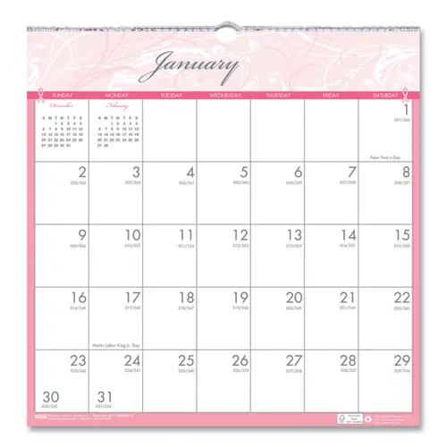 House of Doolittle™ Recycled Monthly Wall Calendar, Breast Cancer Awareness Artwork, 12 x 12, White/Pink/Gray Sheets, 12-Month (Jan-Dec), 2025