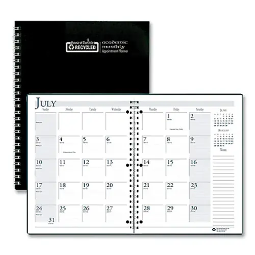 House of Doolittle™ Recycled Three-Hole Punched Wirebound Academic Monthly Planner, Black Cover, 14-Month (July to Aug), 2024-2025, 11 x 8.5
