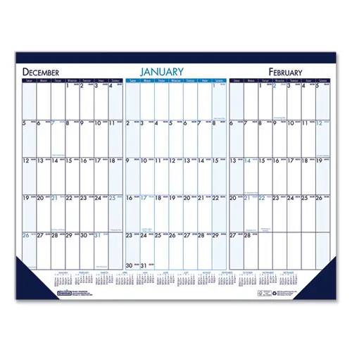 House of Doolittle™ Three Month Desk Pad Calendar, 22 x 17, White/Blue/Teal, Blue Binding and Corners, 14-Month (Dec 2024 - Jan 2026)