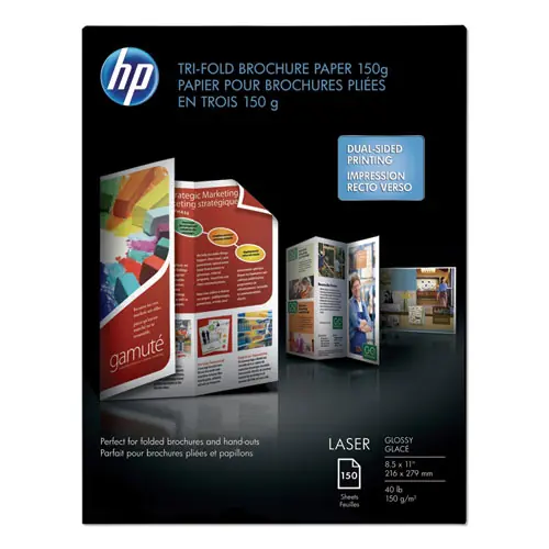 HP Laser Glossy Tri-Fold Brochure Paper, 97 Bright, 40 lb Bond, 8.5 x 11, White, 150/Pack
