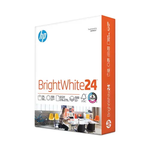HP Papers Brightwhite24 Paper, 100 Bright, 24 lb Bond Weight, 8.5 x 11, Bright White, 500/Ream