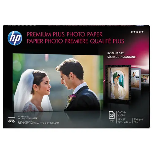 HP Premium Plus Photo Paper, 11 x 17, Glossy White, 25 Sheets