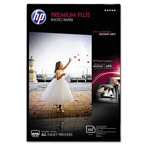 HP Premium Plus Photo Paper, 4 x 6, Glossy White, 100/Pack