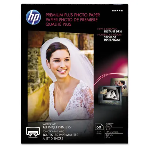 HP Premium Plus Photo Paper, Glossy White, 5 x 7, 60/Pack