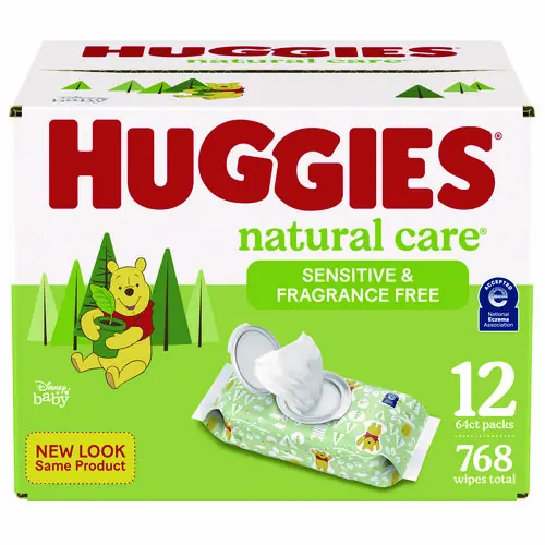 Huggies® Natural Care Sensitive Baby Wipes, Unscented, White, 64 Wipes/Pack, 12 Packs/Carton