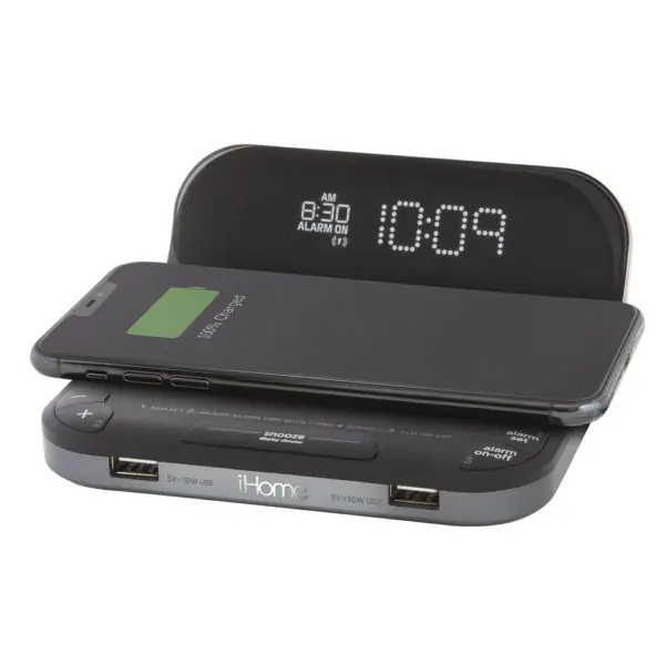 iHome HW2B Preset Bedside Clock with Single Day Alarm, Fast Qi Wireless Charging and Dual USB Quick Charging