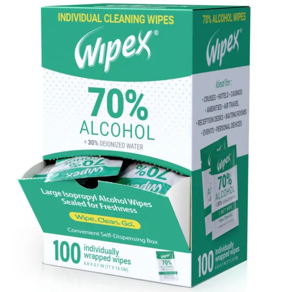 Individually Wrapped 70% IPA Wipes in 100 Ct Dispenser Box, Wipex, Case of 12 Boxes
