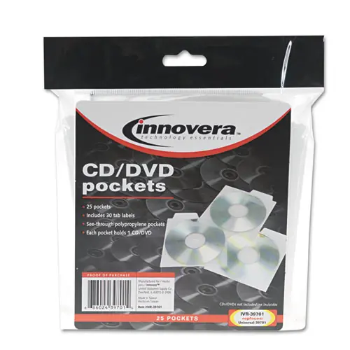 Innovera® CD/DVD Pockets, 1 Disc Capacity, Clear, 25/Pack