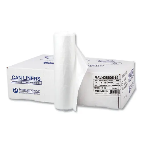 Inteplast Group High-Density Commercial Can Liner Value Pack, 60 gal, 12 mic, 38" x 58", Clear, Interleaved Roll, 25 Bags/Roll, 8 Rolls/Carton
