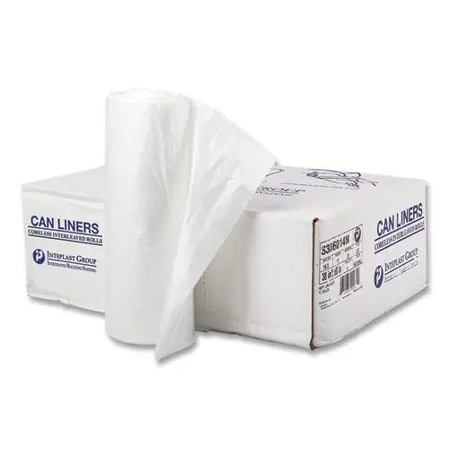 Inteplast Group High-Density Commercial Can Liners, 60 gal, 14 mic, 38" x 60", Clear, Interleaved Roll