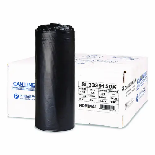 Inteplast Group Low-Density Commercial Can Liners, 33 gal, 1.5 mil, 33" x 39", Black, Interleaved Roll, 20 Bags/Roll, 5 Rolls/Carton