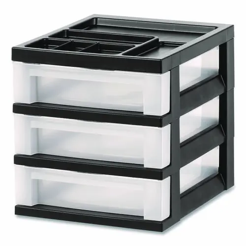 IRIS 3-Drawer Desktop Storage with Top Organizer Tray, Black/Translucent