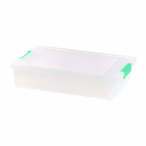 IRIS Latch Lid Storage Box, 2.3 gal, 14 x 11 x 3.5, Clear Bin/Seafoam Latches